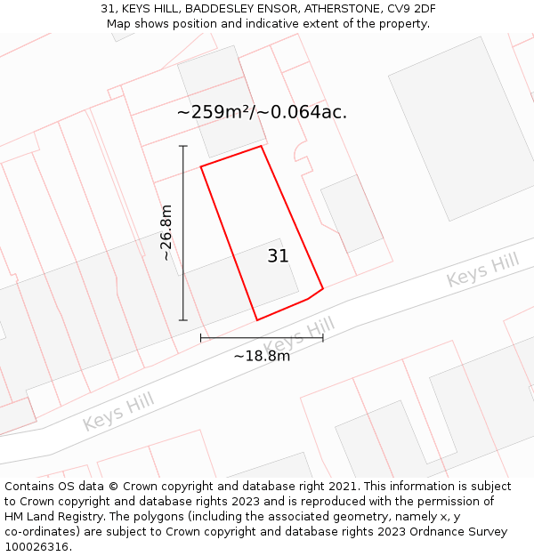 31, KEYS HILL, BADDESLEY ENSOR, ATHERSTONE, CV9 2DF: Plot and title map