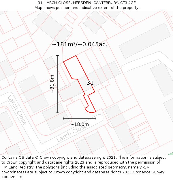 31, LARCH CLOSE, HERSDEN, CANTERBURY, CT3 4GE: Plot and title map