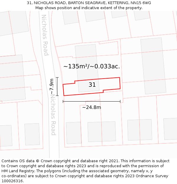 31, NICHOLAS ROAD, BARTON SEAGRAVE, KETTERING, NN15 6WG: Plot and title map
