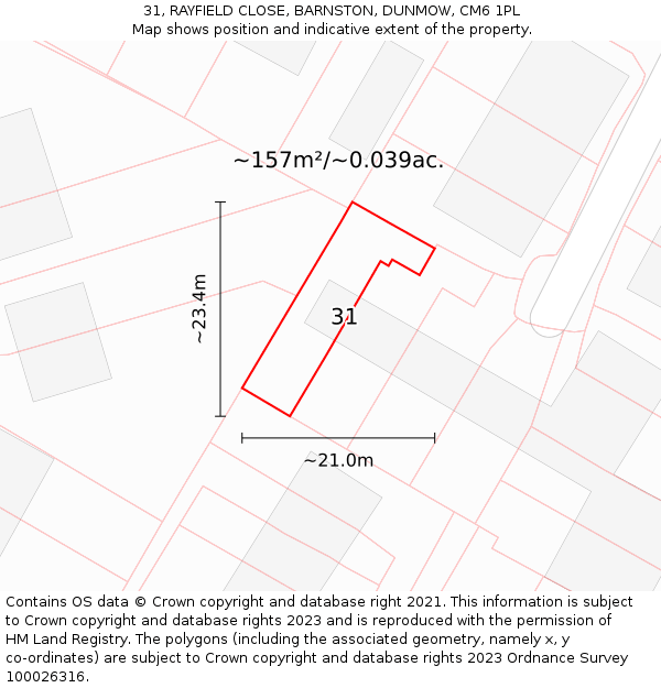 31, RAYFIELD CLOSE, BARNSTON, DUNMOW, CM6 1PL: Plot and title map