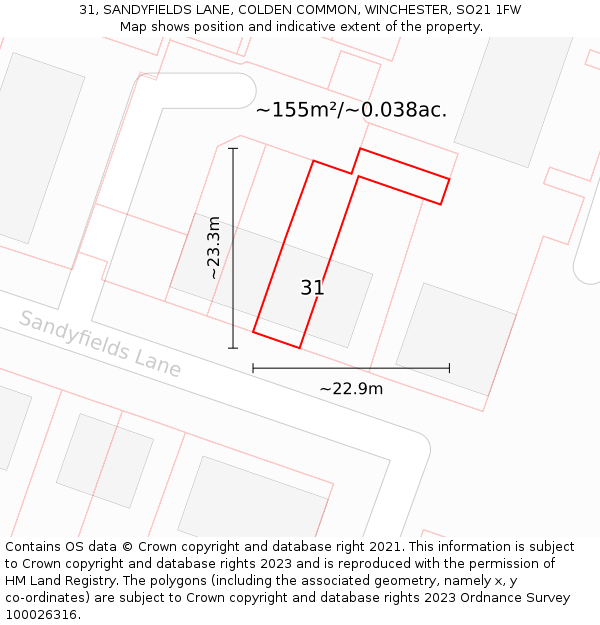 31, SANDYFIELDS LANE, COLDEN COMMON, WINCHESTER, SO21 1FW: Plot and title map