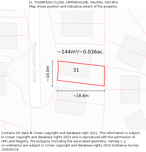 31, THOMPSON CLOSE, HIPPERHOLME, HALIFAX, HX3 8FG: Plot and title map