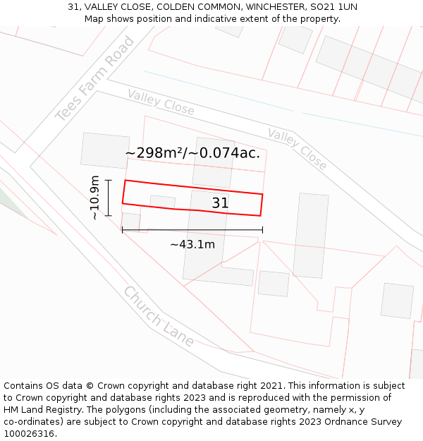 31, VALLEY CLOSE, COLDEN COMMON, WINCHESTER, SO21 1UN: Plot and title map