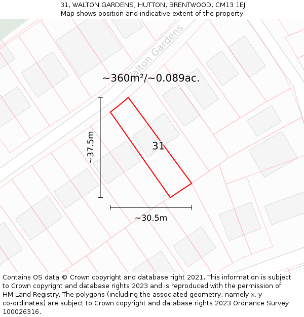 31, WALTON GARDENS, HUTTON, BRENTWOOD, CM13 1EJ: Plot and title map
