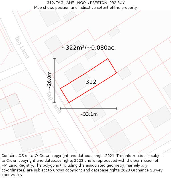 312, TAG LANE, INGOL, PRESTON, PR2 3UY: Plot and title map
