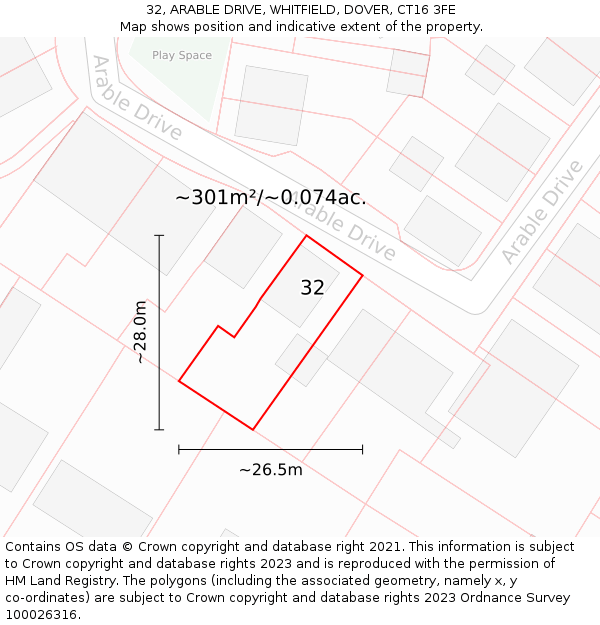 32, ARABLE DRIVE, WHITFIELD, DOVER, CT16 3FE: Plot and title map