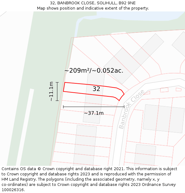 32, BANBROOK CLOSE, SOLIHULL, B92 9NE: Plot and title map