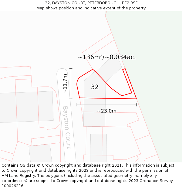 32, BAYSTON COURT, PETERBOROUGH, PE2 9SF: Plot and title map