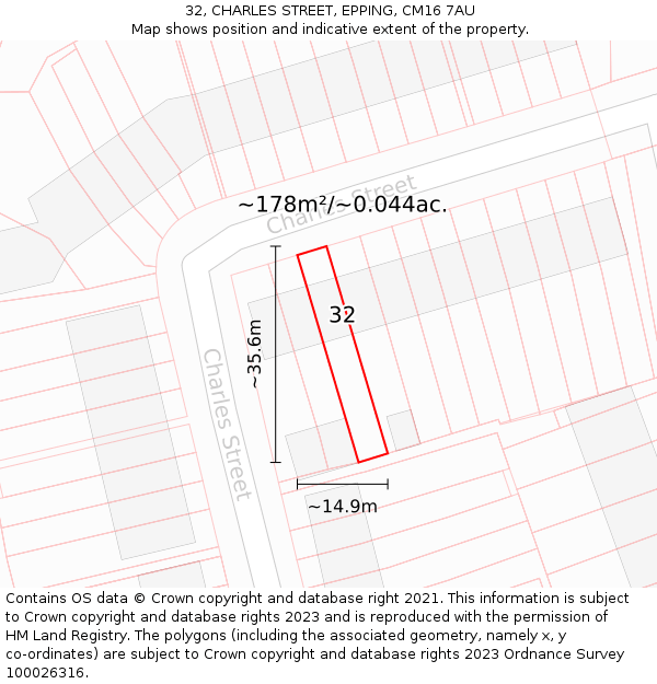 32, CHARLES STREET, EPPING, CM16 7AU: Plot and title map