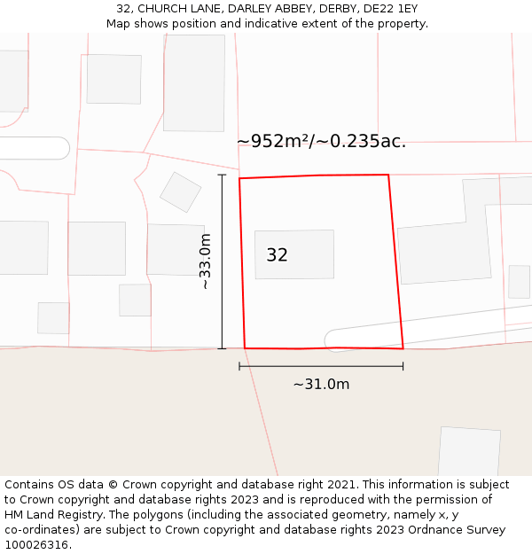 32, CHURCH LANE, DARLEY ABBEY, DERBY, DE22 1EY: Plot and title map