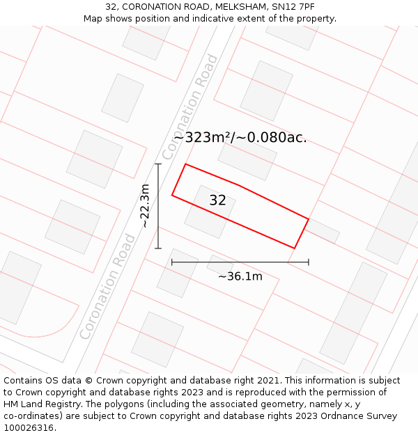 32, CORONATION ROAD, MELKSHAM, SN12 7PF: Plot and title map