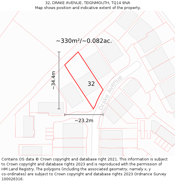 32, DRAKE AVENUE, TEIGNMOUTH, TQ14 9NA: Plot and title map