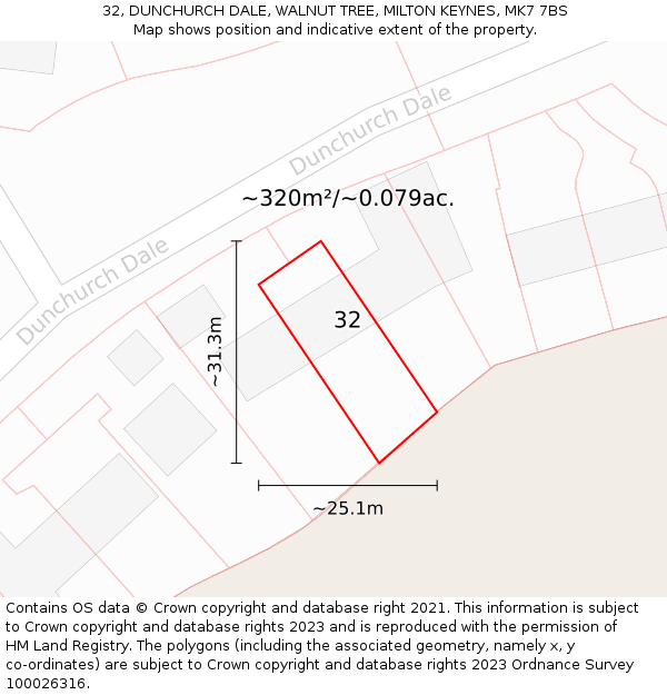 32, DUNCHURCH DALE, WALNUT TREE, MILTON KEYNES, MK7 7BS: Plot and title map