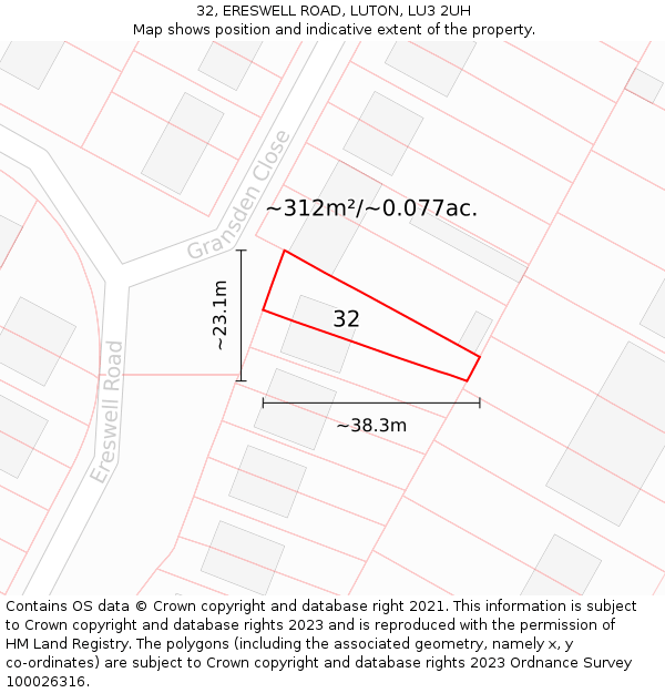 32, ERESWELL ROAD, LUTON, LU3 2UH: Plot and title map