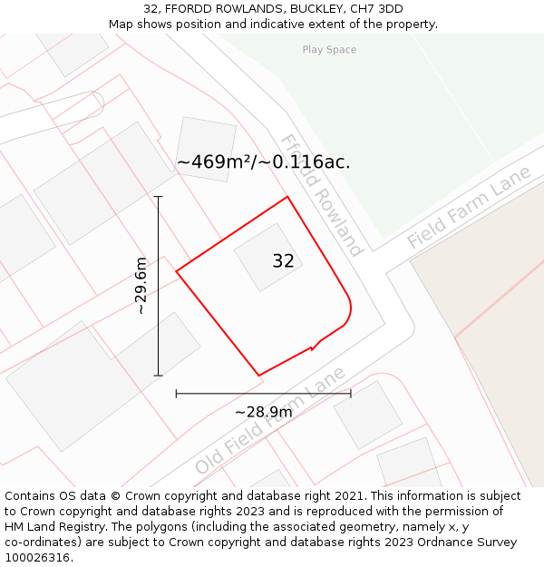 32, FFORDD ROWLANDS, BUCKLEY, CH7 3DD: Plot and title map