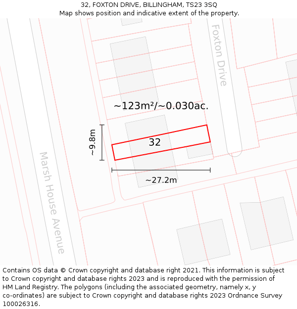 32, FOXTON DRIVE, BILLINGHAM, TS23 3SQ: Plot and title map