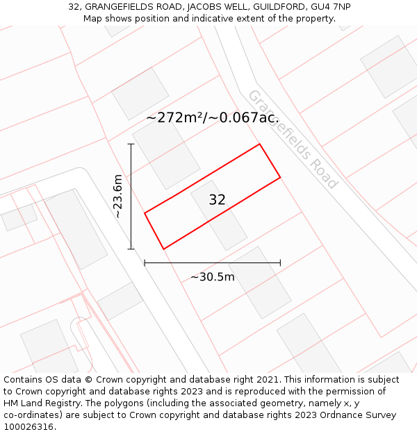 32, GRANGEFIELDS ROAD, JACOBS WELL, GUILDFORD, GU4 7NP: Plot and title map