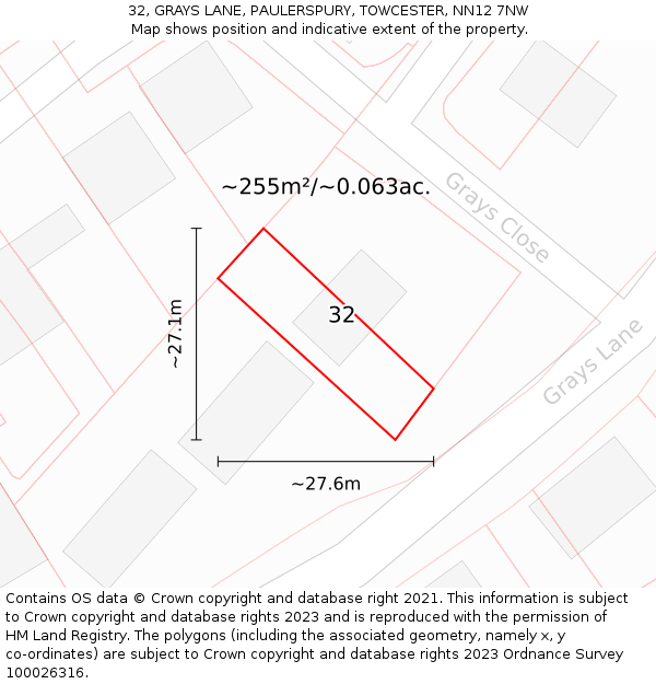 32, GRAYS LANE, PAULERSPURY, TOWCESTER, NN12 7NW: Plot and title map