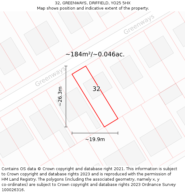 32, GREENWAYS, DRIFFIELD, YO25 5HX: Plot and title map