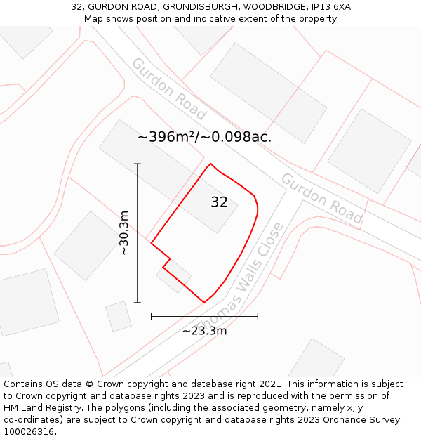32, GURDON ROAD, GRUNDISBURGH, WOODBRIDGE, IP13 6XA: Plot and title map