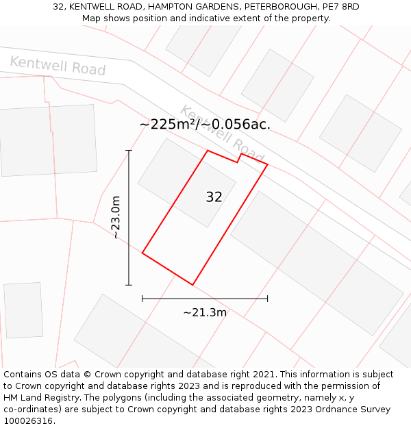 32, KENTWELL ROAD, HAMPTON GARDENS, PETERBOROUGH, PE7 8RD: Plot and title map