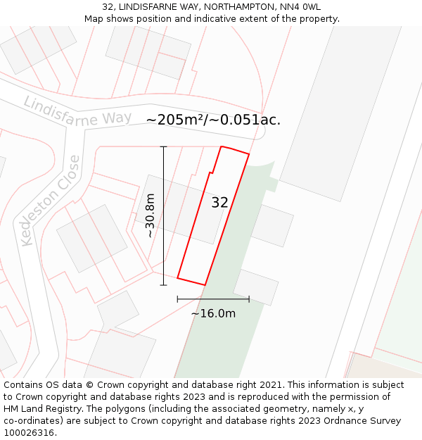 32, LINDISFARNE WAY, NORTHAMPTON, NN4 0WL: Plot and title map