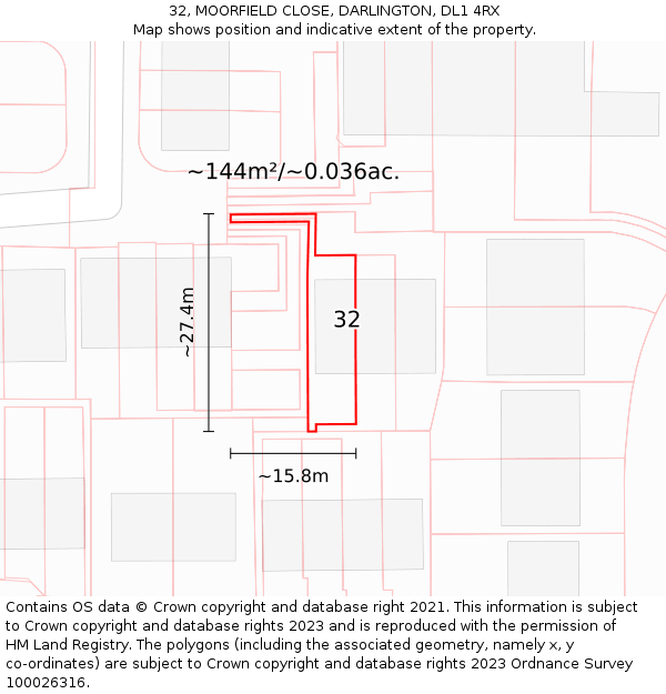 32, MOORFIELD CLOSE, DARLINGTON, DL1 4RX: Plot and title map
