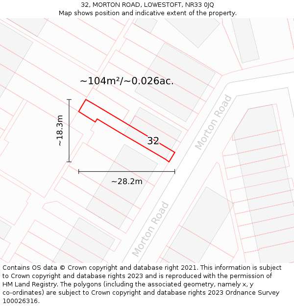 32, MORTON ROAD, LOWESTOFT, NR33 0JQ: Plot and title map