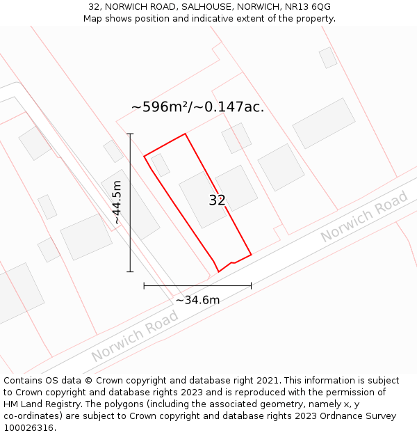 32, NORWICH ROAD, SALHOUSE, NORWICH, NR13 6QG: Plot and title map