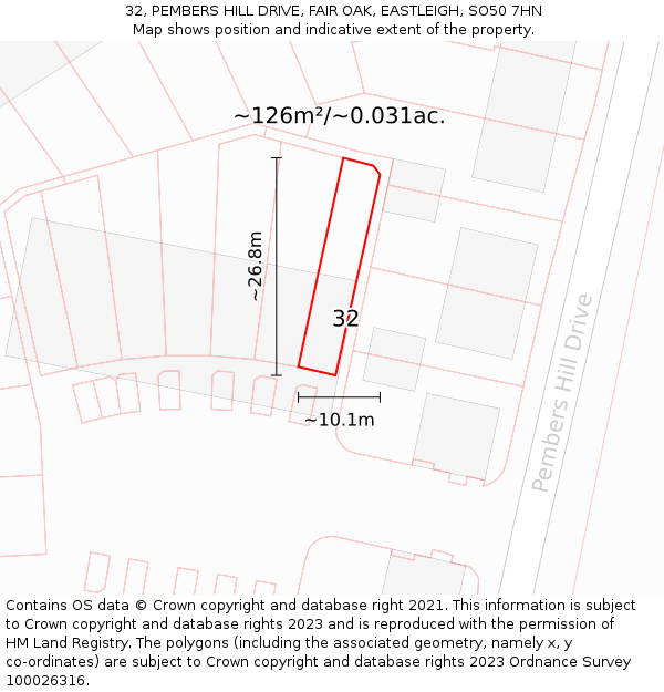 32, PEMBERS HILL DRIVE, FAIR OAK, EASTLEIGH, SO50 7HN: Plot and title map