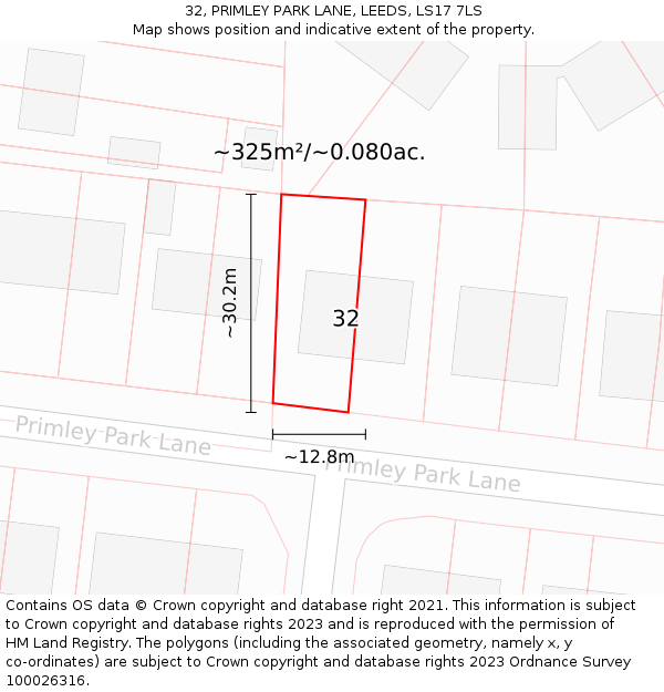 32, PRIMLEY PARK LANE, LEEDS, LS17 7LS: Plot and title map