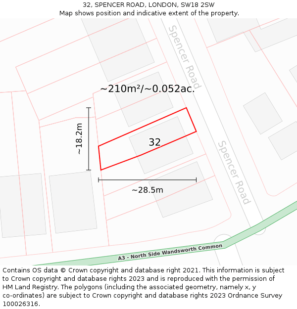 32, SPENCER ROAD, LONDON, SW18 2SW: Plot and title map
