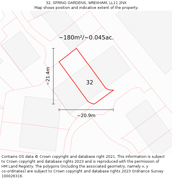 32, SPRING GARDENS, WREXHAM, LL11 2NX: Plot and title map