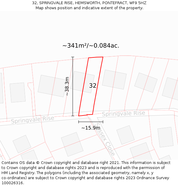 32, SPRINGVALE RISE, HEMSWORTH, PONTEFRACT, WF9 5HZ: Plot and title map