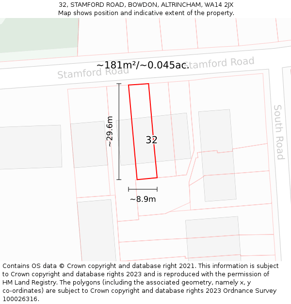 32, STAMFORD ROAD, BOWDON, ALTRINCHAM, WA14 2JX: Plot and title map