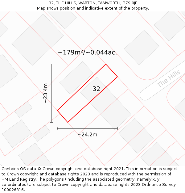 32, THE HILLS, WARTON, TAMWORTH, B79 0JF: Plot and title map
