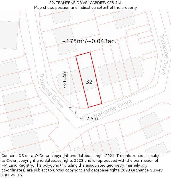 32, TRAHERNE DRIVE, CARDIFF, CF5 4UL: Plot and title map