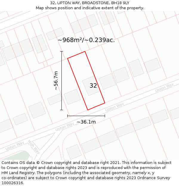 32, UPTON WAY, BROADSTONE, BH18 9LY: Plot and title map