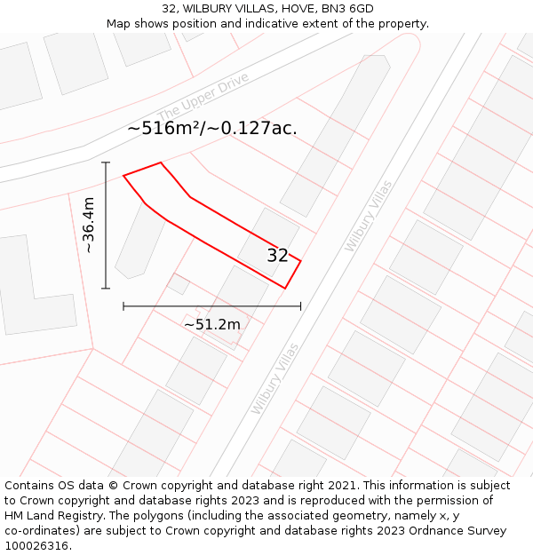 32, WILBURY VILLAS, HOVE, BN3 6GD: Plot and title map