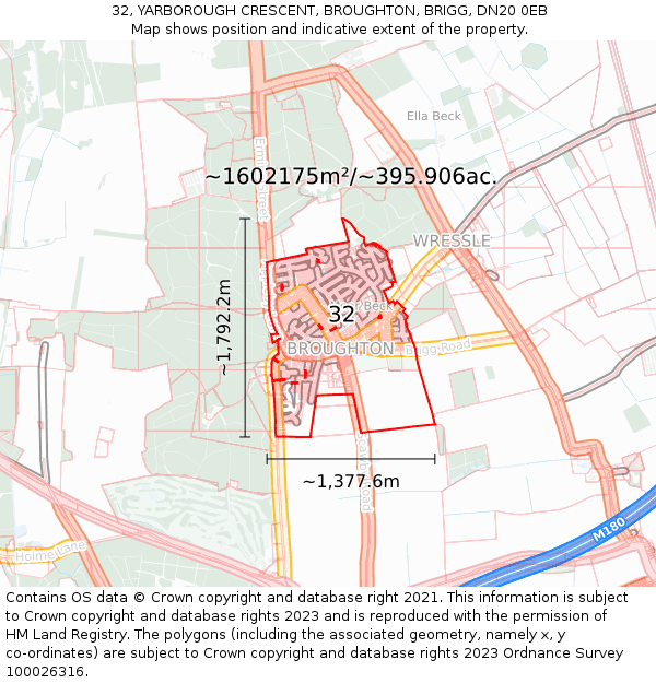 32, YARBOROUGH CRESCENT, BROUGHTON, BRIGG, DN20 0EB: Plot and title map