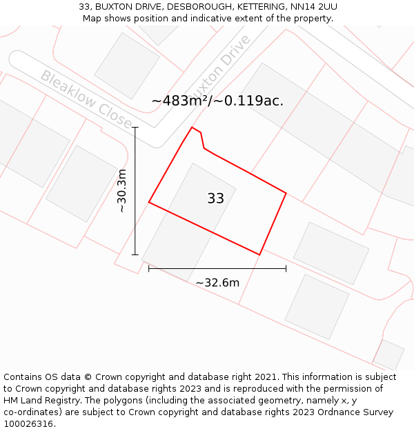 33, BUXTON DRIVE, DESBOROUGH, KETTERING, NN14 2UU: Plot and title map