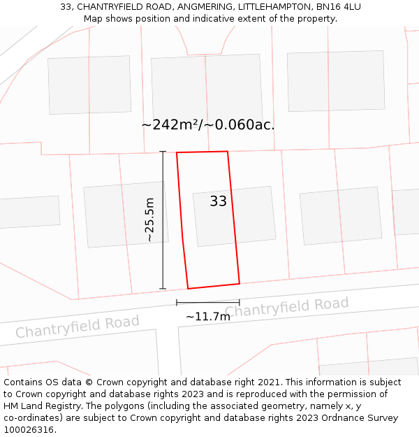 33, CHANTRYFIELD ROAD, ANGMERING, LITTLEHAMPTON, BN16 4LU: Plot and title map