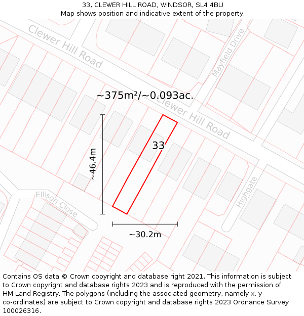 33, CLEWER HILL ROAD, WINDSOR, SL4 4BU: Plot and title map