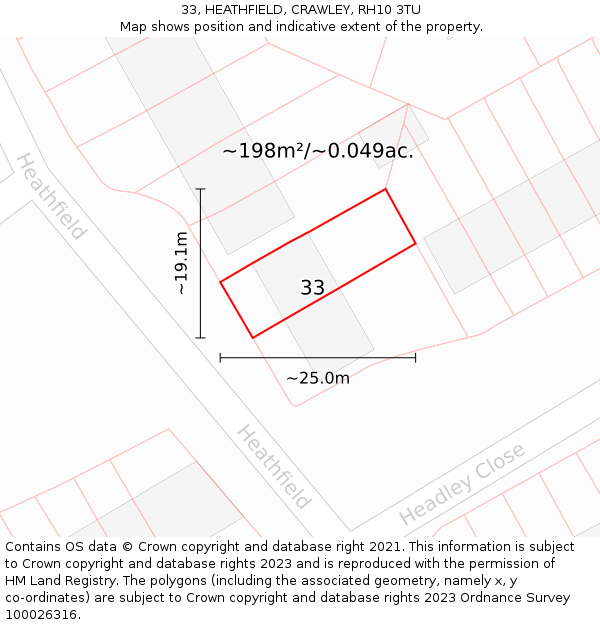 33, HEATHFIELD, CRAWLEY, RH10 3TU: Plot and title map