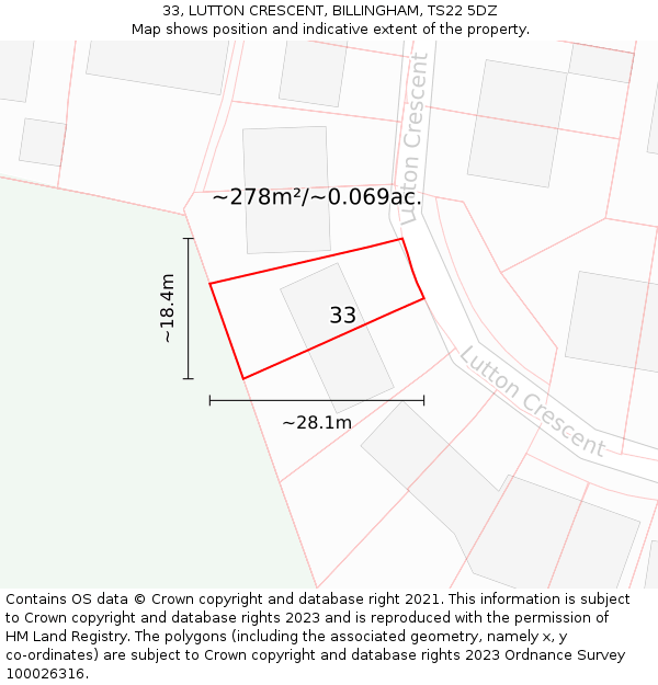 33, LUTTON CRESCENT, BILLINGHAM, TS22 5DZ: Plot and title map