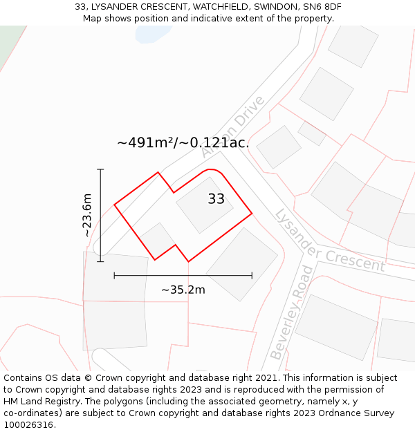 33, LYSANDER CRESCENT, WATCHFIELD, SWINDON, SN6 8DF: Plot and title map