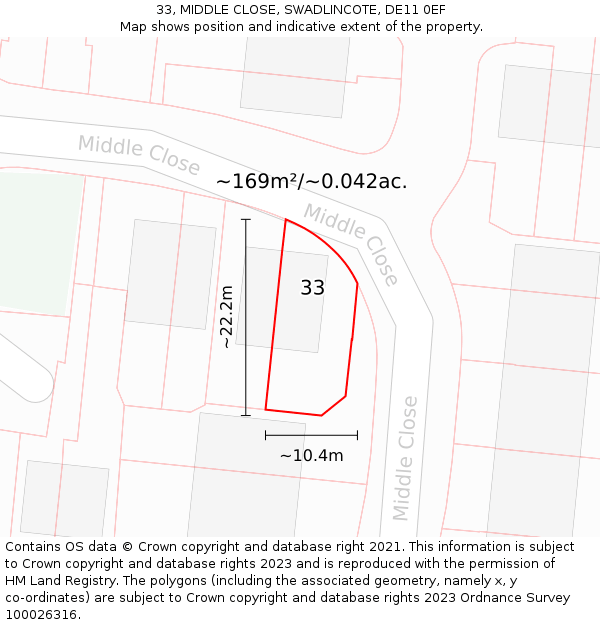 33, MIDDLE CLOSE, SWADLINCOTE, DE11 0EF: Plot and title map