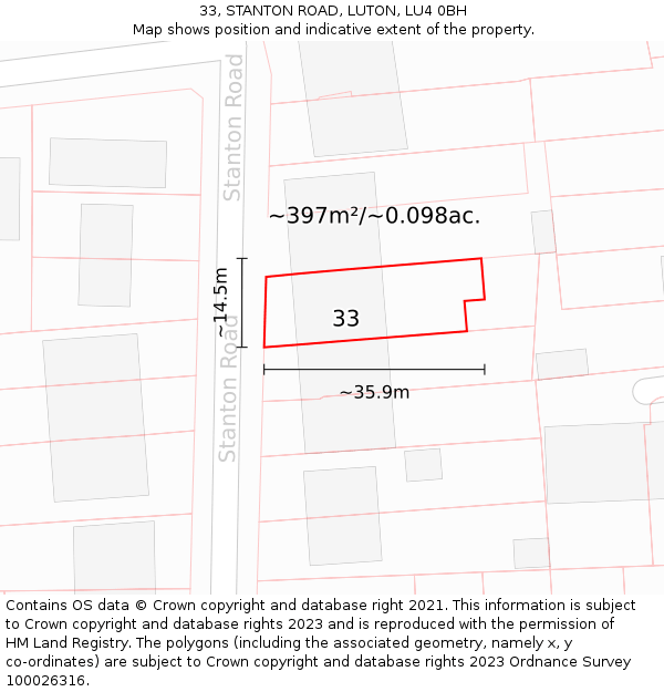 33, STANTON ROAD, LUTON, LU4 0BH: Plot and title map