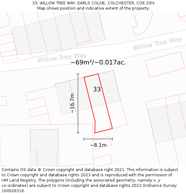 33, WILLOW TREE WAY, EARLS COLNE, COLCHESTER, CO6 2SN: Plot and title map