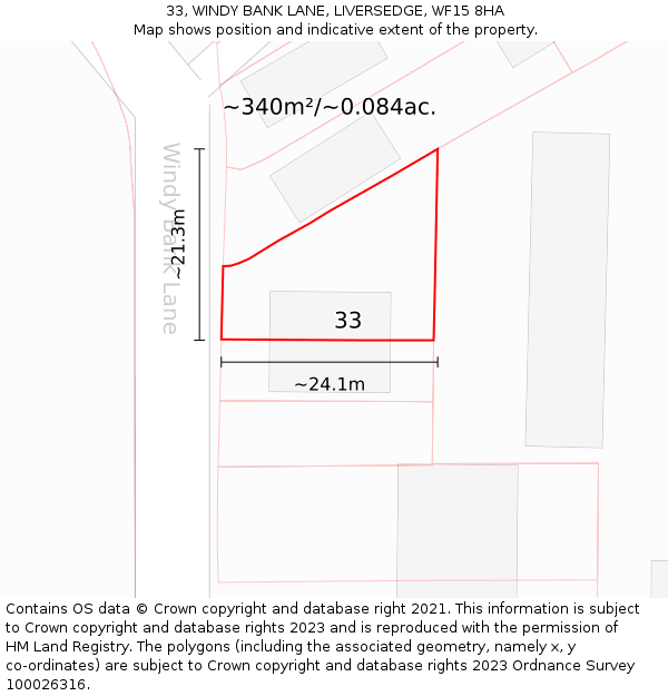 33, WINDY BANK LANE, LIVERSEDGE, WF15 8HA: Plot and title map
